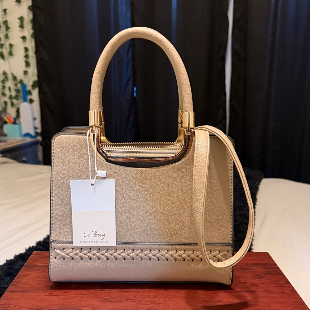 Beige Top-Handle Crossbody with Gold Accents